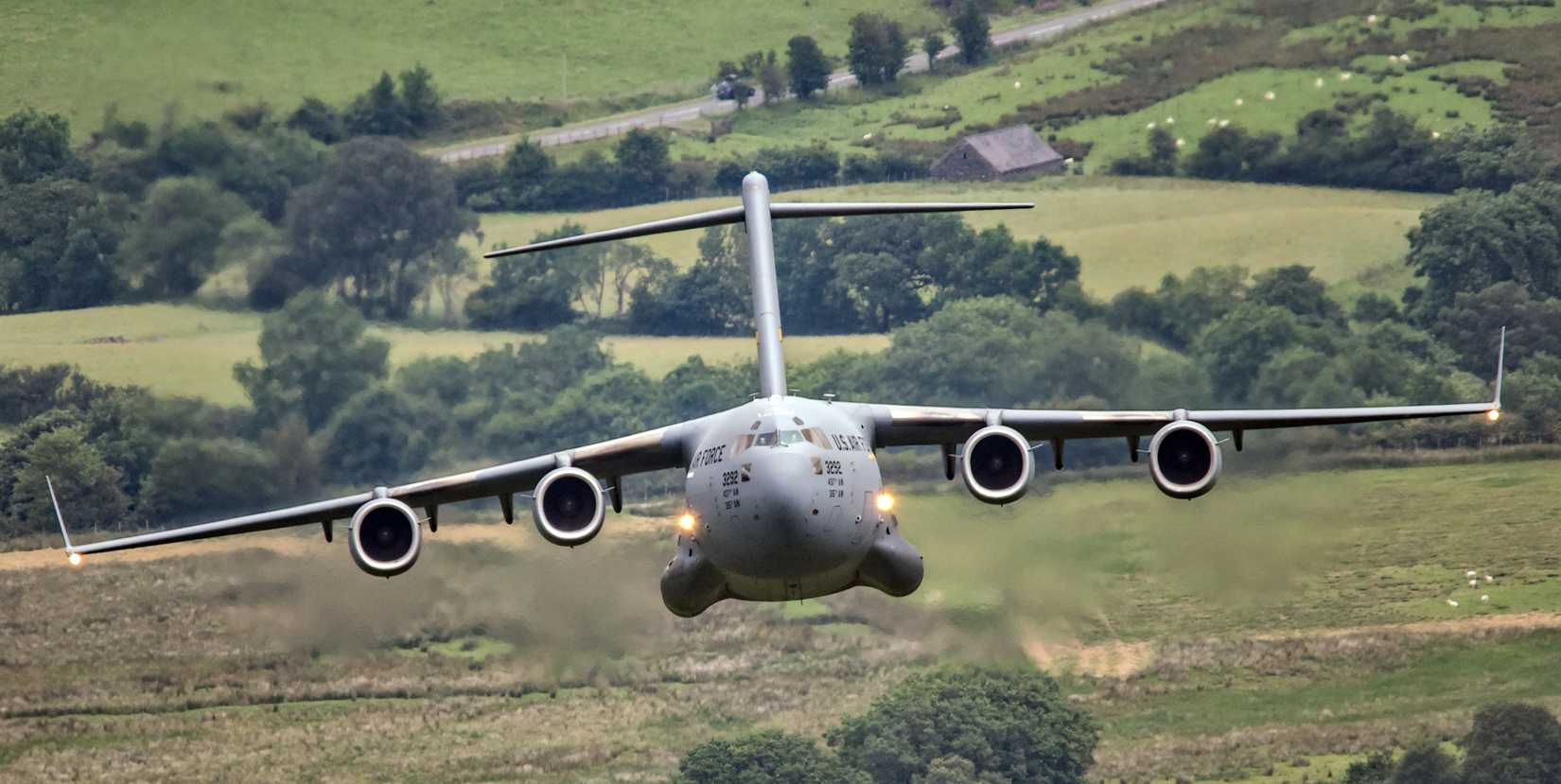 C-17 transport aircraft flying low level