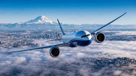 Boeing 777-9 with Mt Ranier in the background