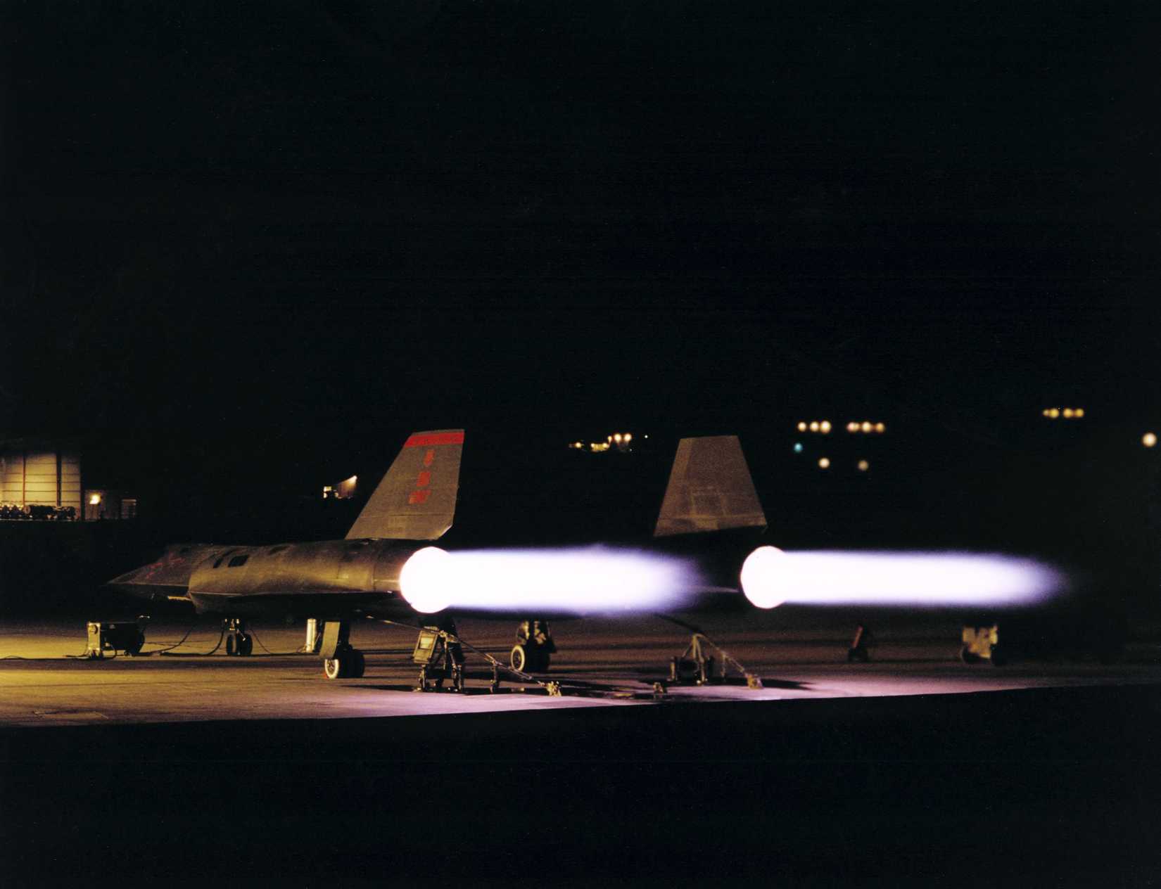 SR-71A on ramp with dual max afterburner engines firing. 1998.