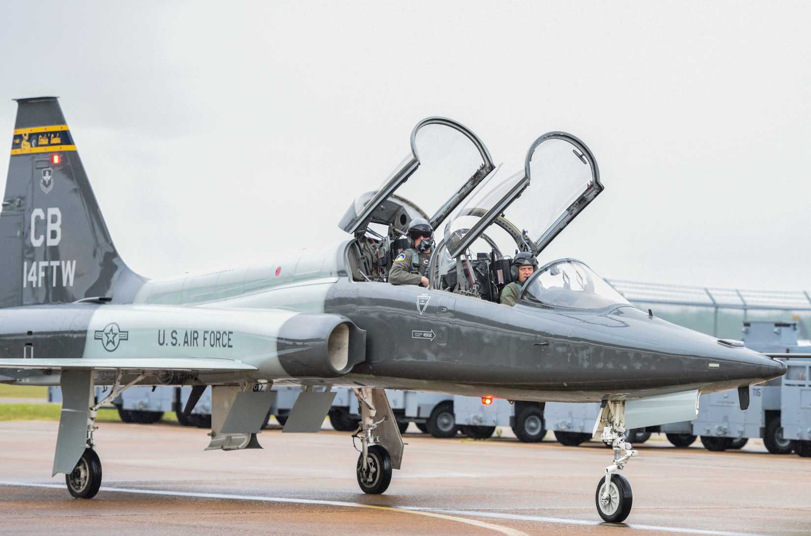 U.S. Air Force Lt. Col. David Easterling Jr., 43rd Flying Training Squadron instructor pilot, and Capt. Kevin Mudd, 50th Flying Training Squadron instructor pilot, taxi on the flightline after his flight on September 23, 2020, at Columbus Air Force Base, Miss. The T-38 first flew in 1959 and the Air and Education Command began receiving T-38 models in 2001. (U.S. Air Force photo by Airman 1st Class Davis Donaldson)