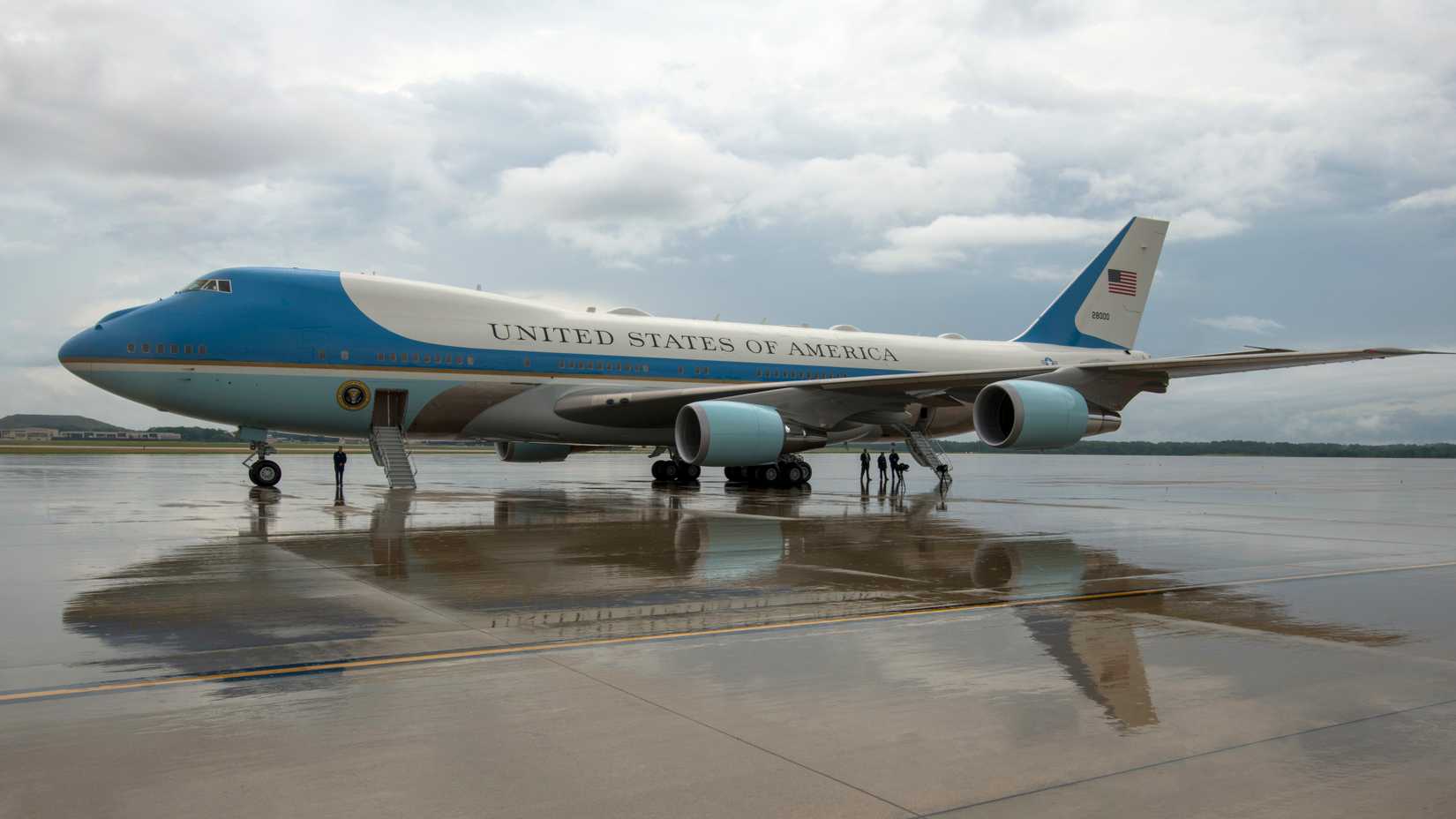 The VC-25 aircraft, better known as Air Force One, and its crew standby.