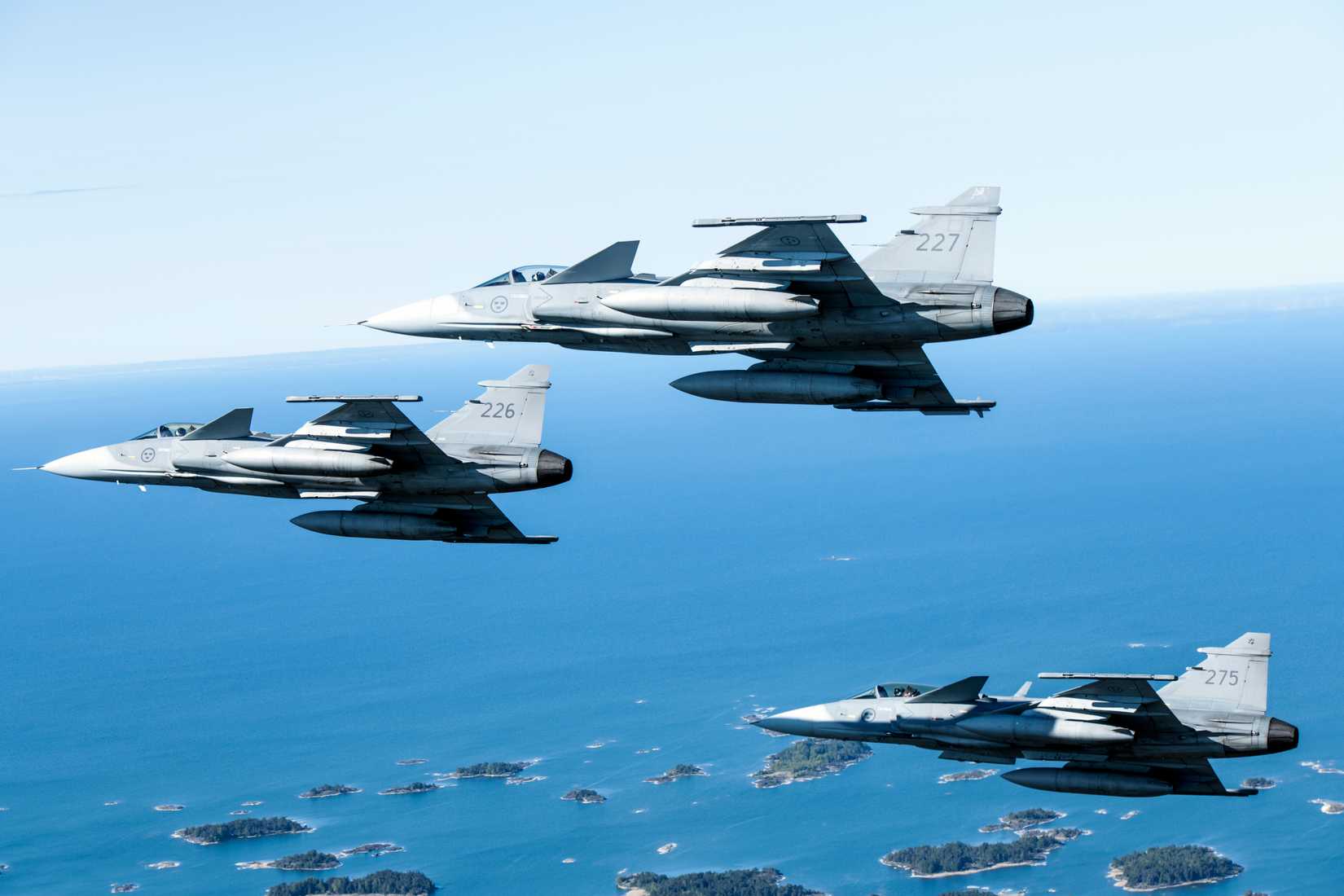 Three Swedish Armed Forces Gripens participated in a long range, long duration Bomber Task Force mission over Sweden, May 20, 2020.