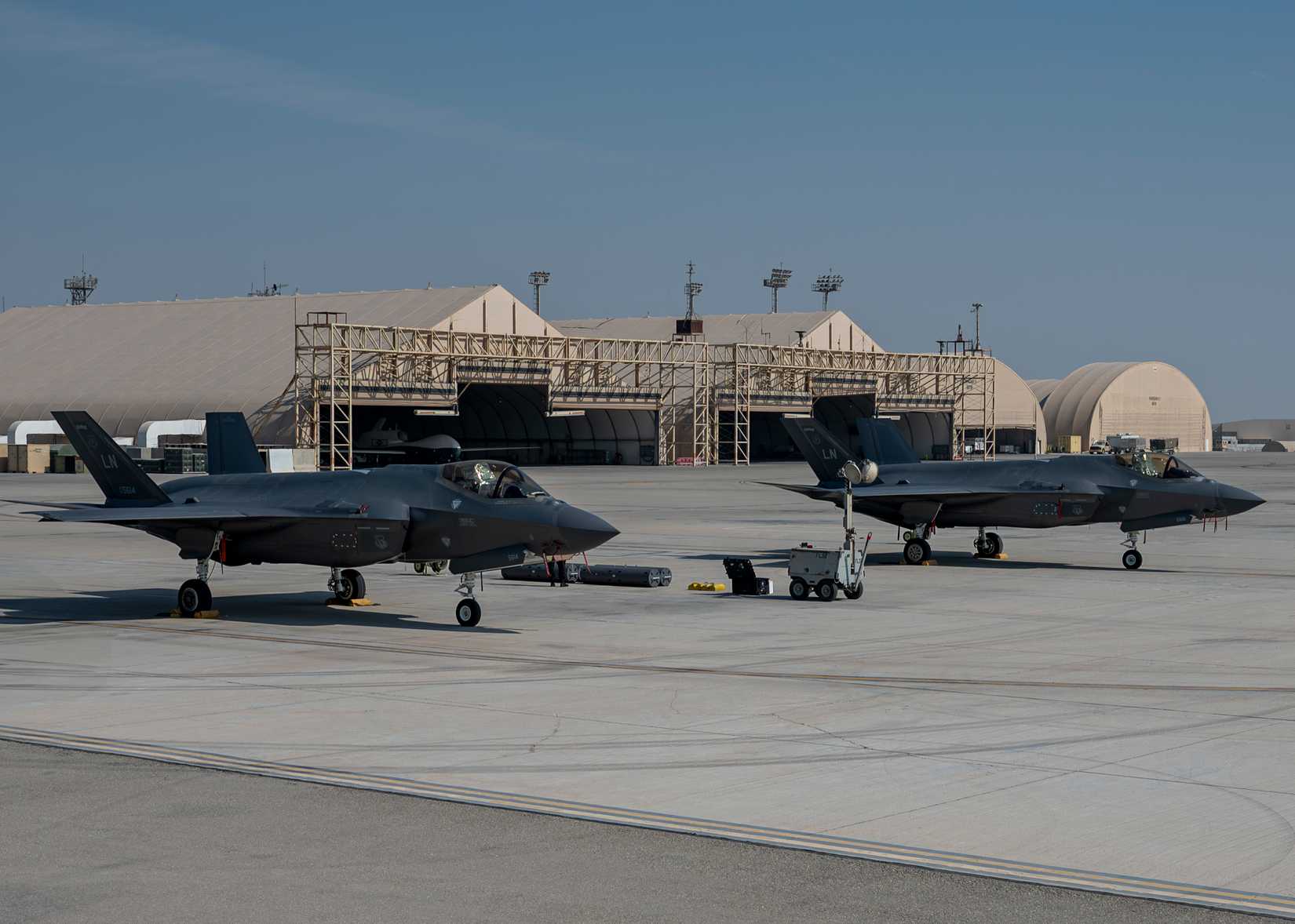 Two US Air Force F-35A Lightning IIs are staged at Al Dhafra Air Base, United Arab Emirates.