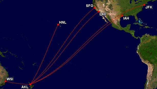 Graphic showing Air New Zealand flight connections from Western Sydney to North America via Auckland