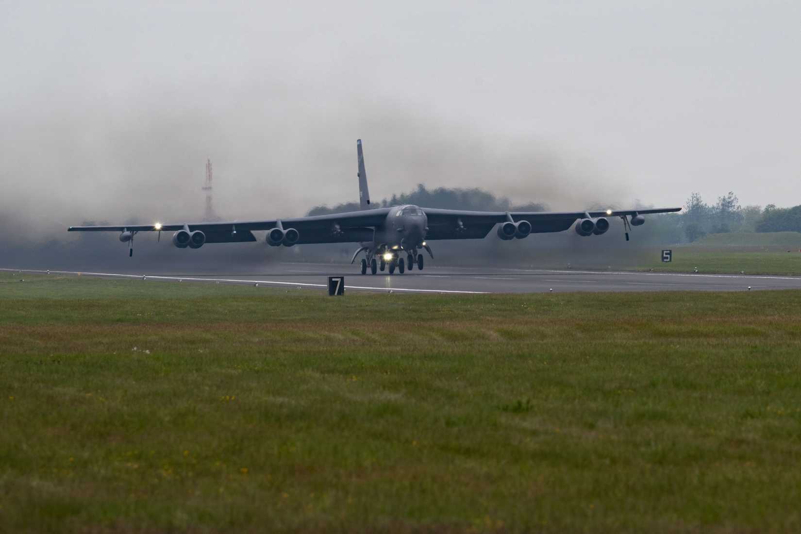 A B-52 lands during  African Lion 26 at Cap Draa, Morocco, May 8, 2026.