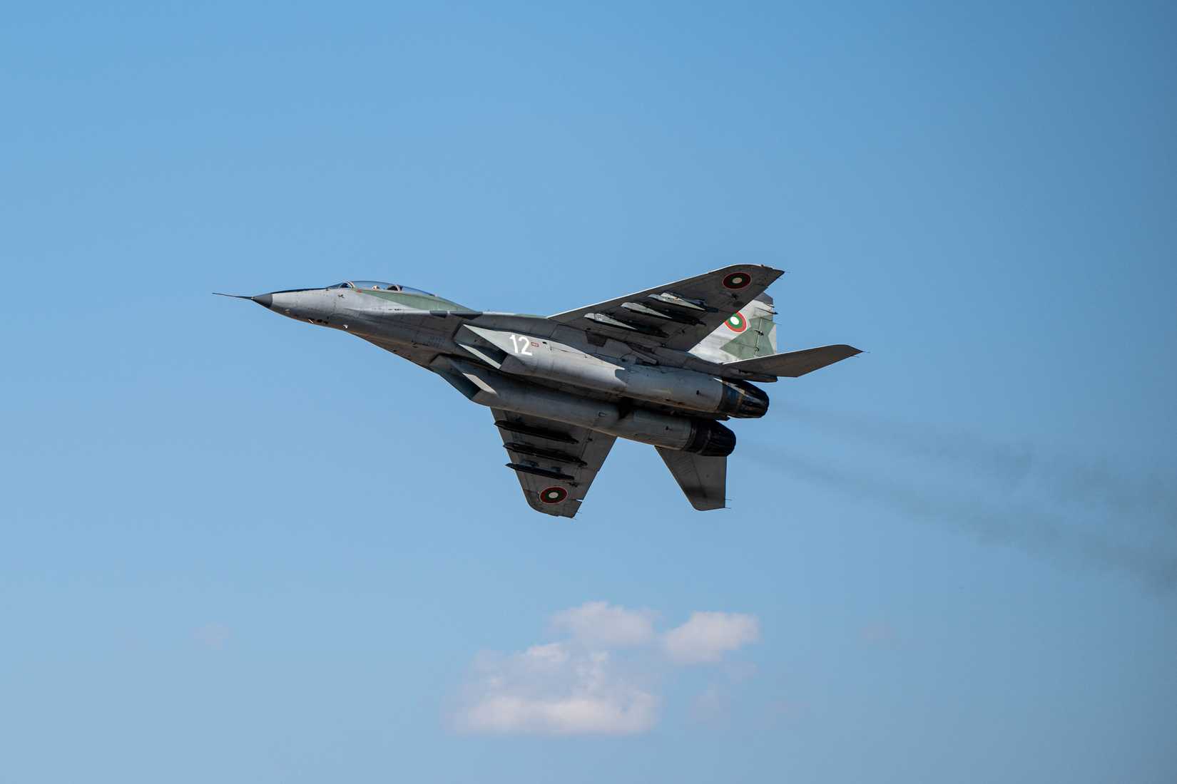 A Bulgarian air force MiG-29 flies through the sky at 3rd Air Base, Bulgaria, Sept. 12, 2024.