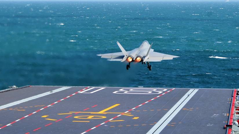 A J-35 stealth fighter jet takes off from China's first electromagnetic catapult-equipped aircraft carrier, the Fujian (Hull 18).-1