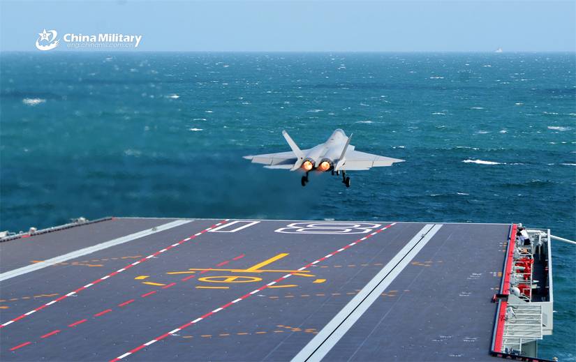A J-35 stealth fighter jet takes off from China's first electromagnetic catapult-equipped aircraft carrier, the Fujian (Hull 18).