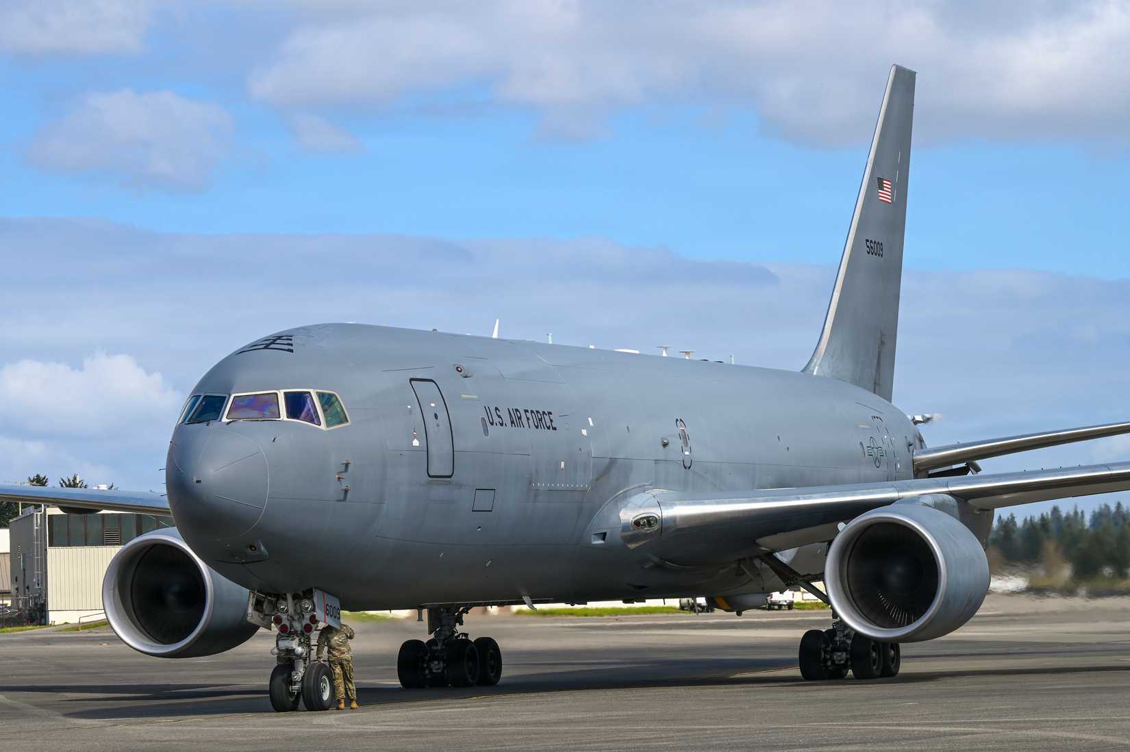 A KC-46A Pegasus from the 931st Air Refueling Wing sits at the flightline at Joint Base Lewis-McChord, Washington, April 8, 2026.