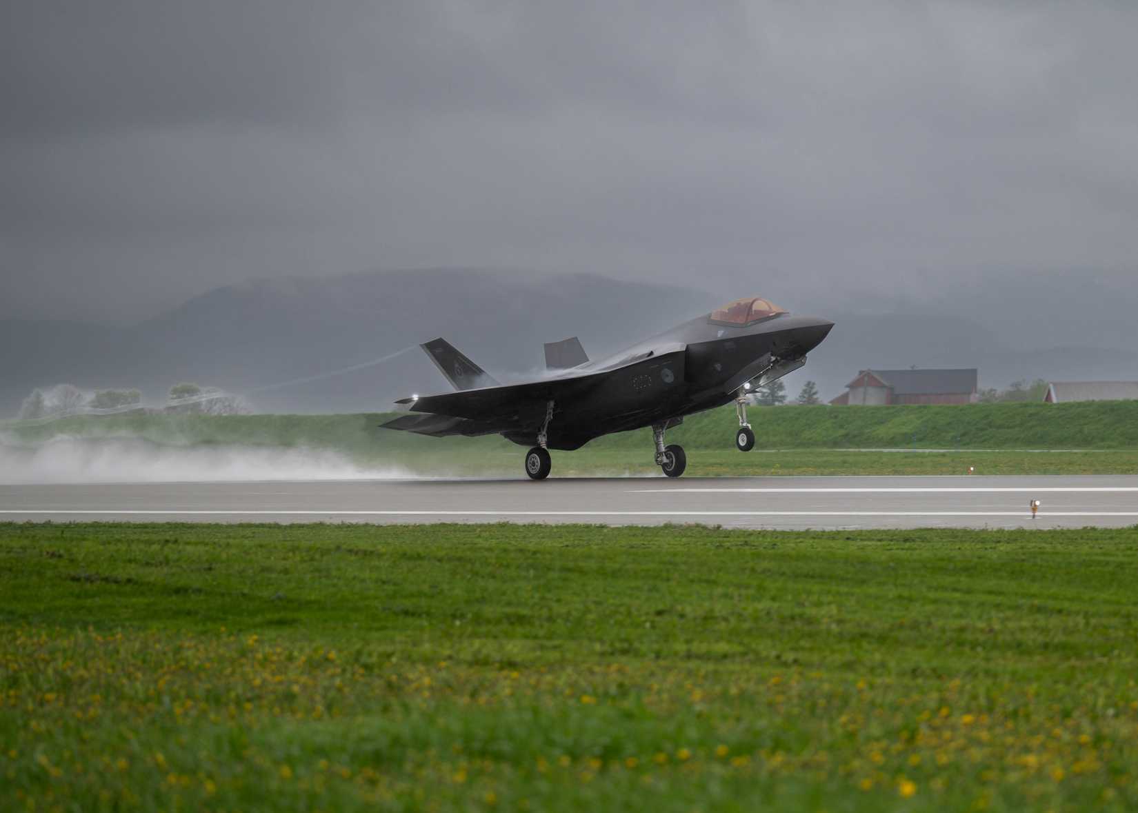 A Royal Netherlands Air Force F-35A Lighting II takes off for a familiarization flight prior to Arctic Challenge Exercise 2023 at Ørland Air Base, Norway, May 23, 2023.