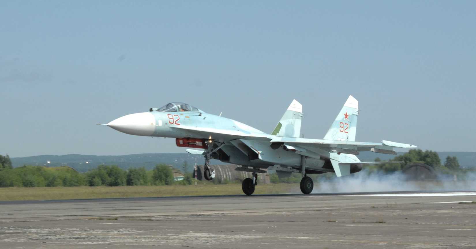 A Russian Federation air force SU-27 Flanker fighter lands after the first day of Exercise Vigilant Eagle Aug. 8. 2011.