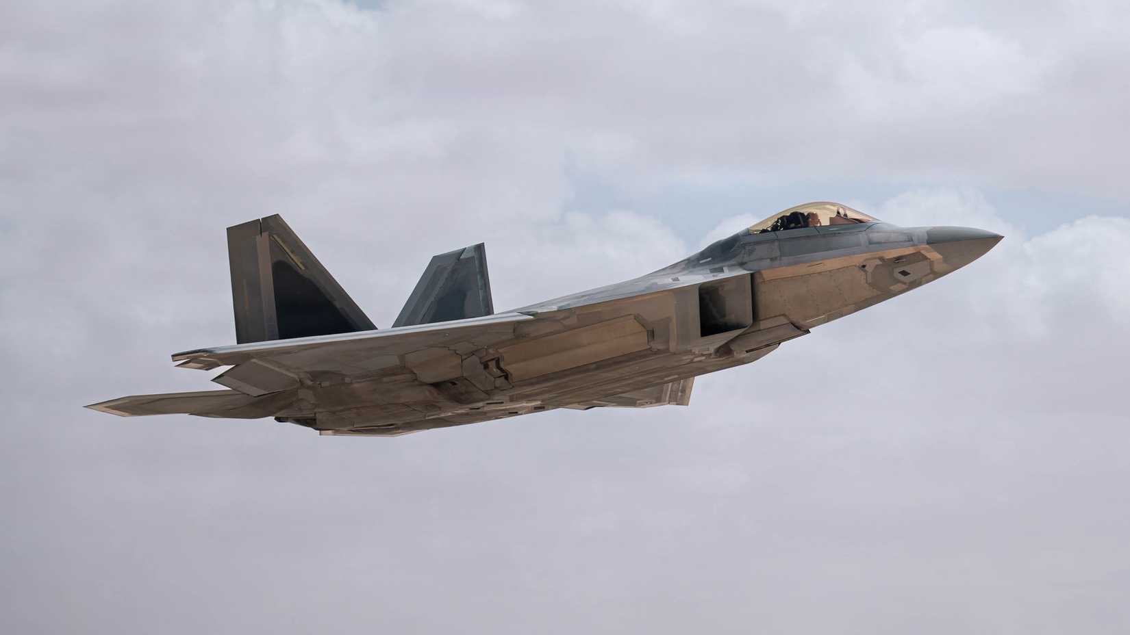 A U.S. Air Force F-22 Raptor aircraft takes flight during Operation Epic Fury, March 20, 2026.