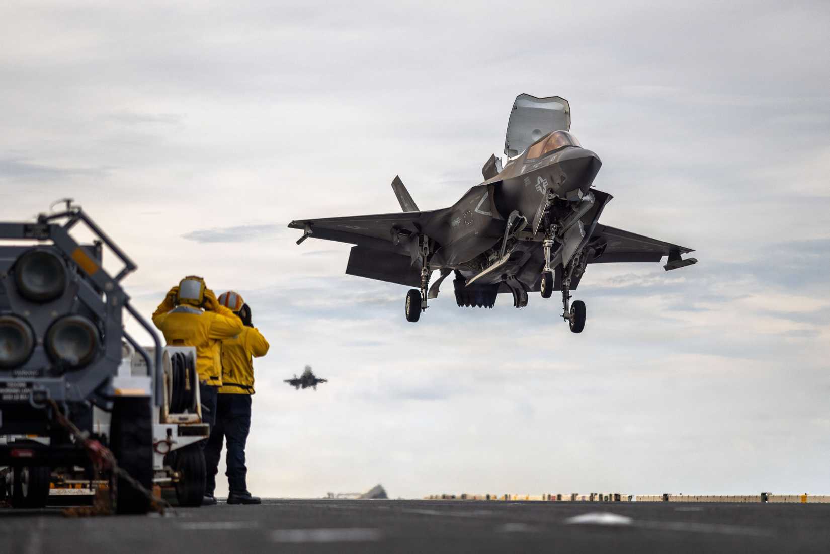 A U.S. Marine Corps F-35B Lightning II assigned to Marine Fighter Attack Squadron (VMFA) 122, 11th Marine Expeditionary Unit, lands during flight operations.