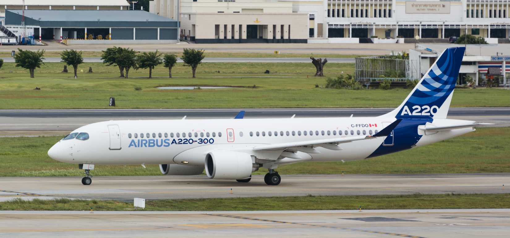 A220 with Airbus livery taxiing on ground