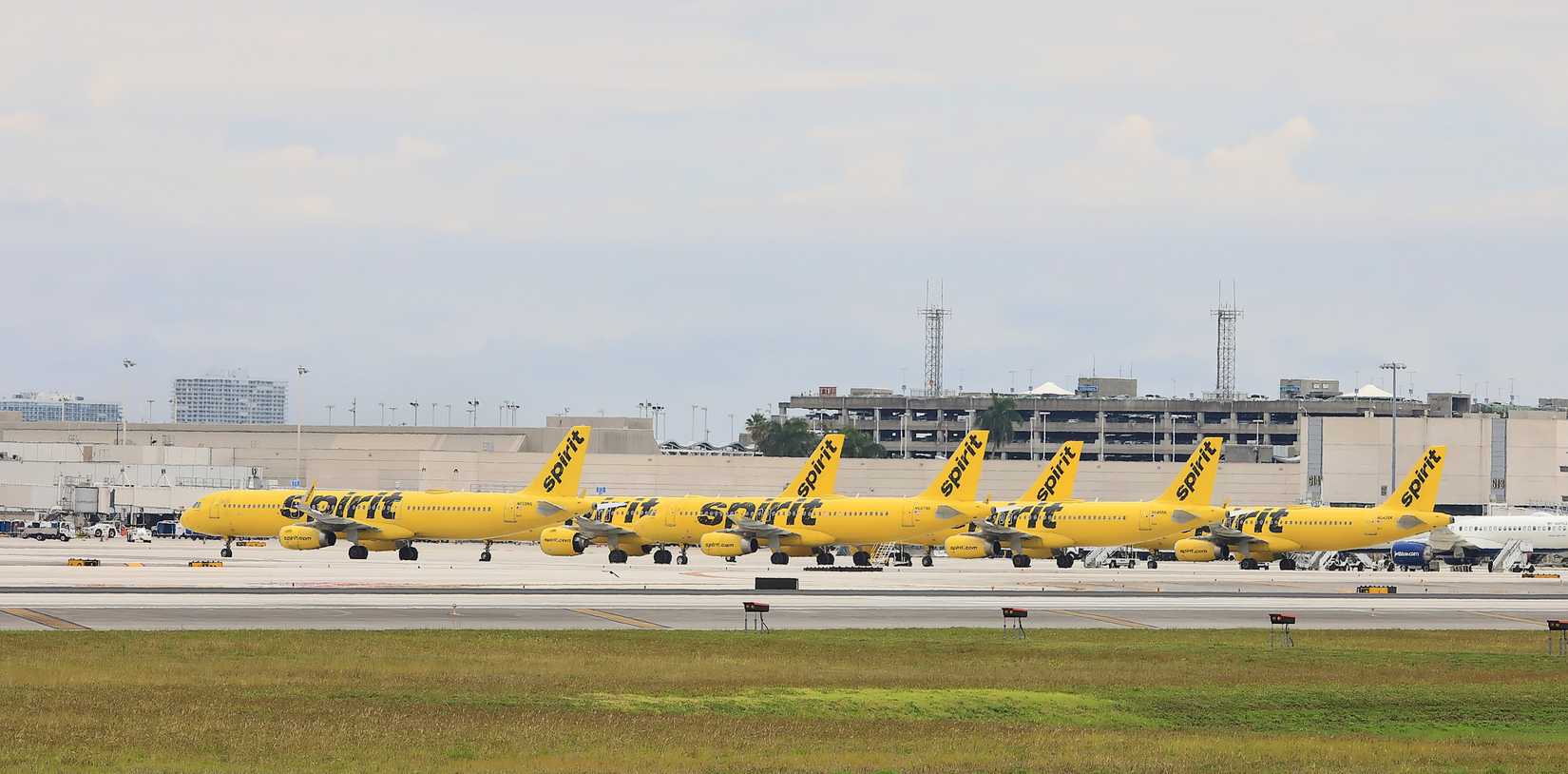 After going out of business on May 2, 2026, six Spirit jets are parked on the tarmac, as seen on May 3, 2026.