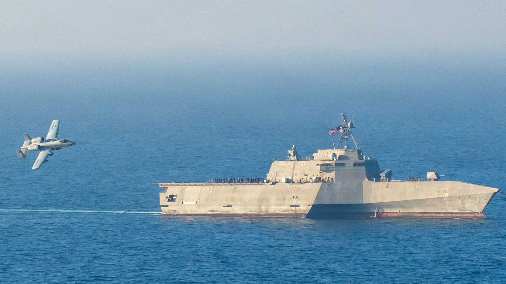 Air Force A-10 Thunderbolt II aircraft provides close air support to Independence-variant littoral combat ship USS Santa Barbara (LCS 32) in the Arabian Gulf.