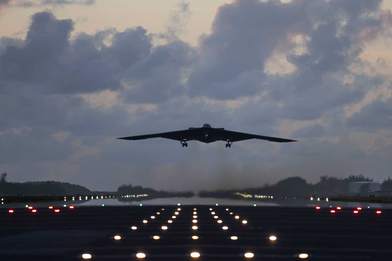 Air Force B-2 Spirit stealth bomber takes off.