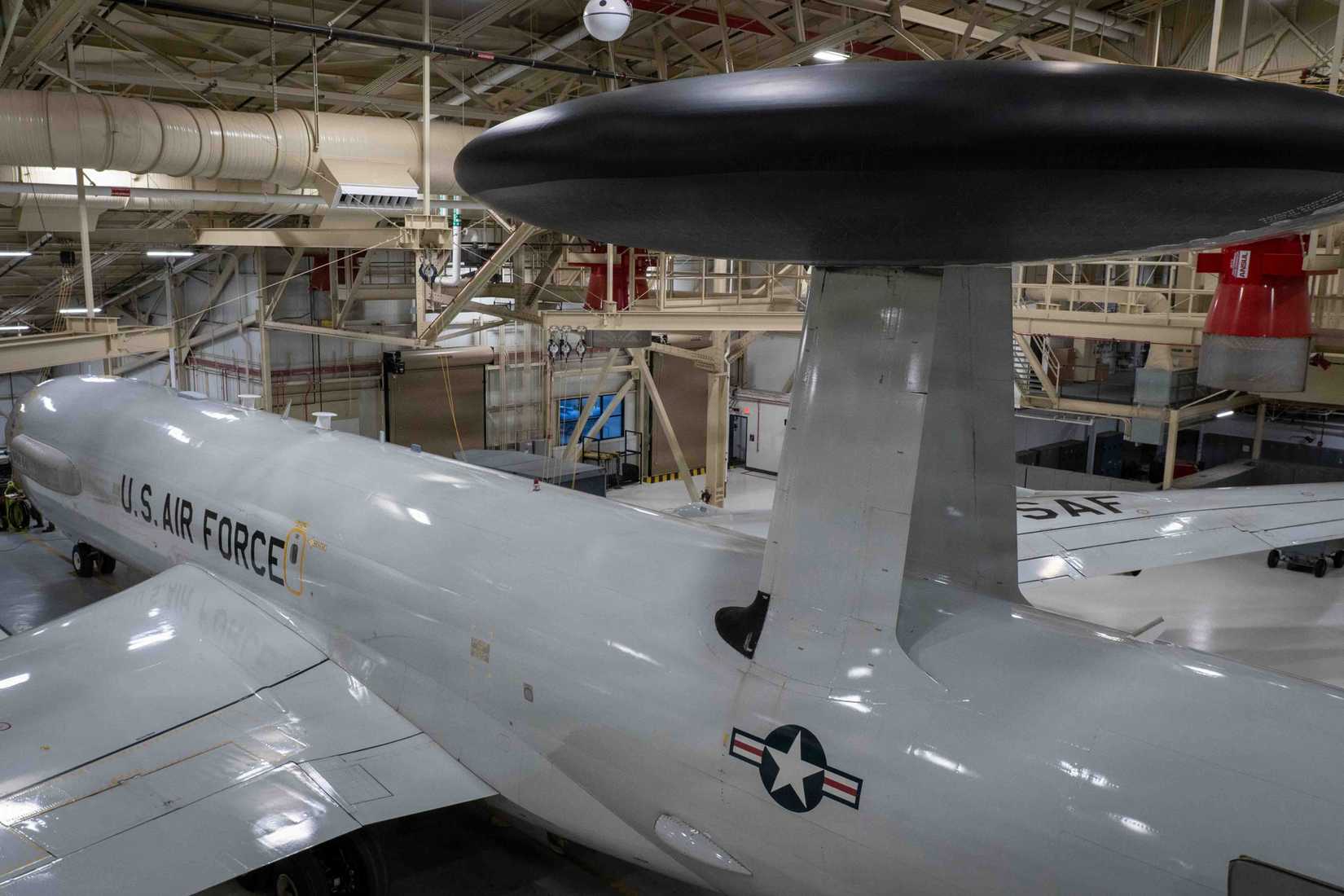 Air Force E-3 Sentry assigned to the 962nd Airborne Air Control Squadron sits in a hangar on Joint Base Elmendorf-Richardson.