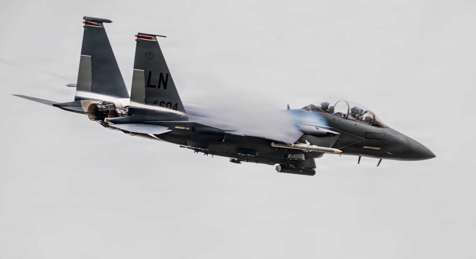 Air Force F-15E Strike Eagle aircraft assigned to the 494th Fighter Squadron flies through the Mach Loop, Wales, May 7, 2026.