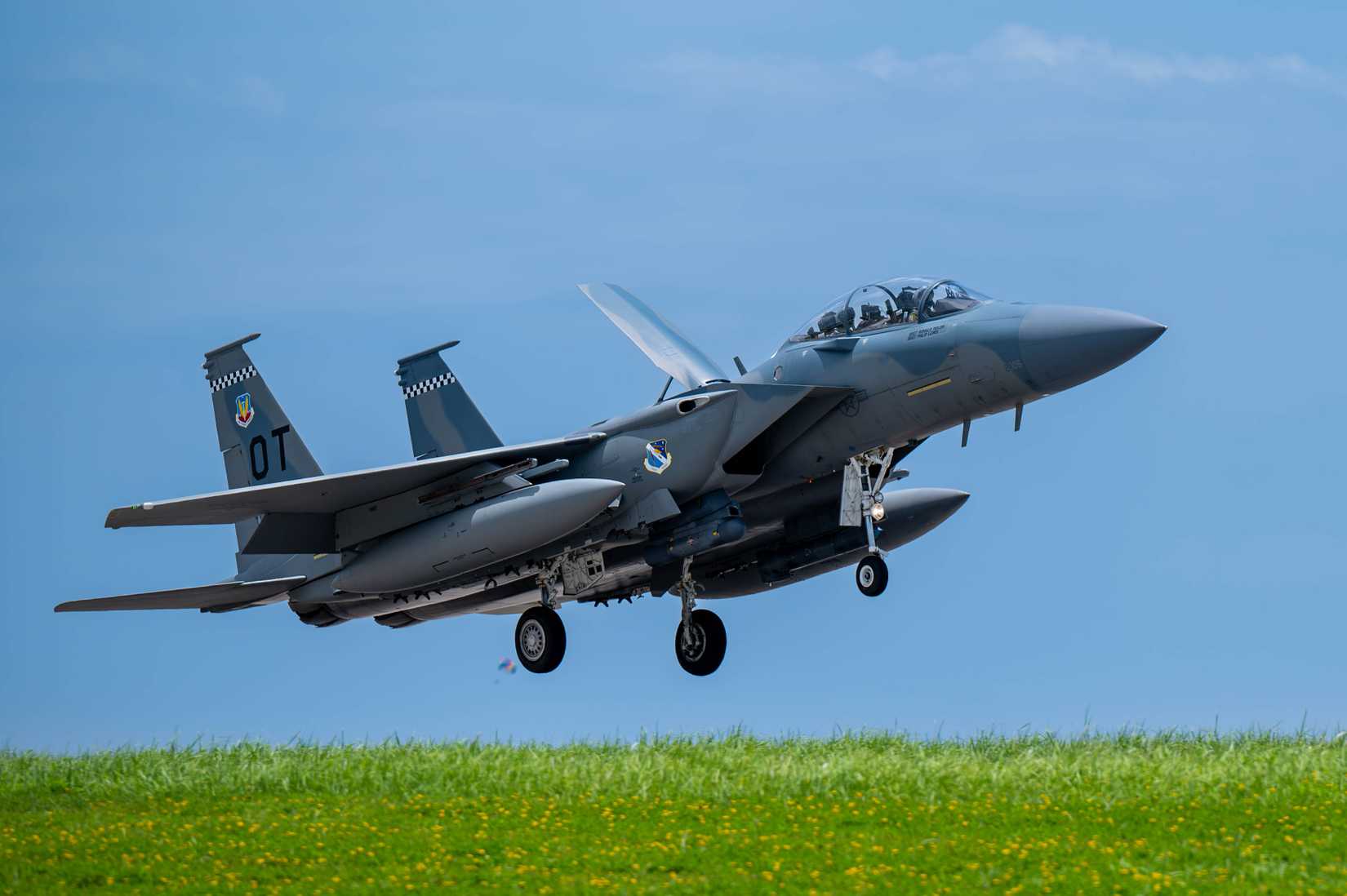 Air Force F-15EX Eagle II, assigned to 85th Test and Evaluation Squadron, Eglin Air Force Base, Florida, lands at Kadena Air Base, Japan, July 16, 2025.