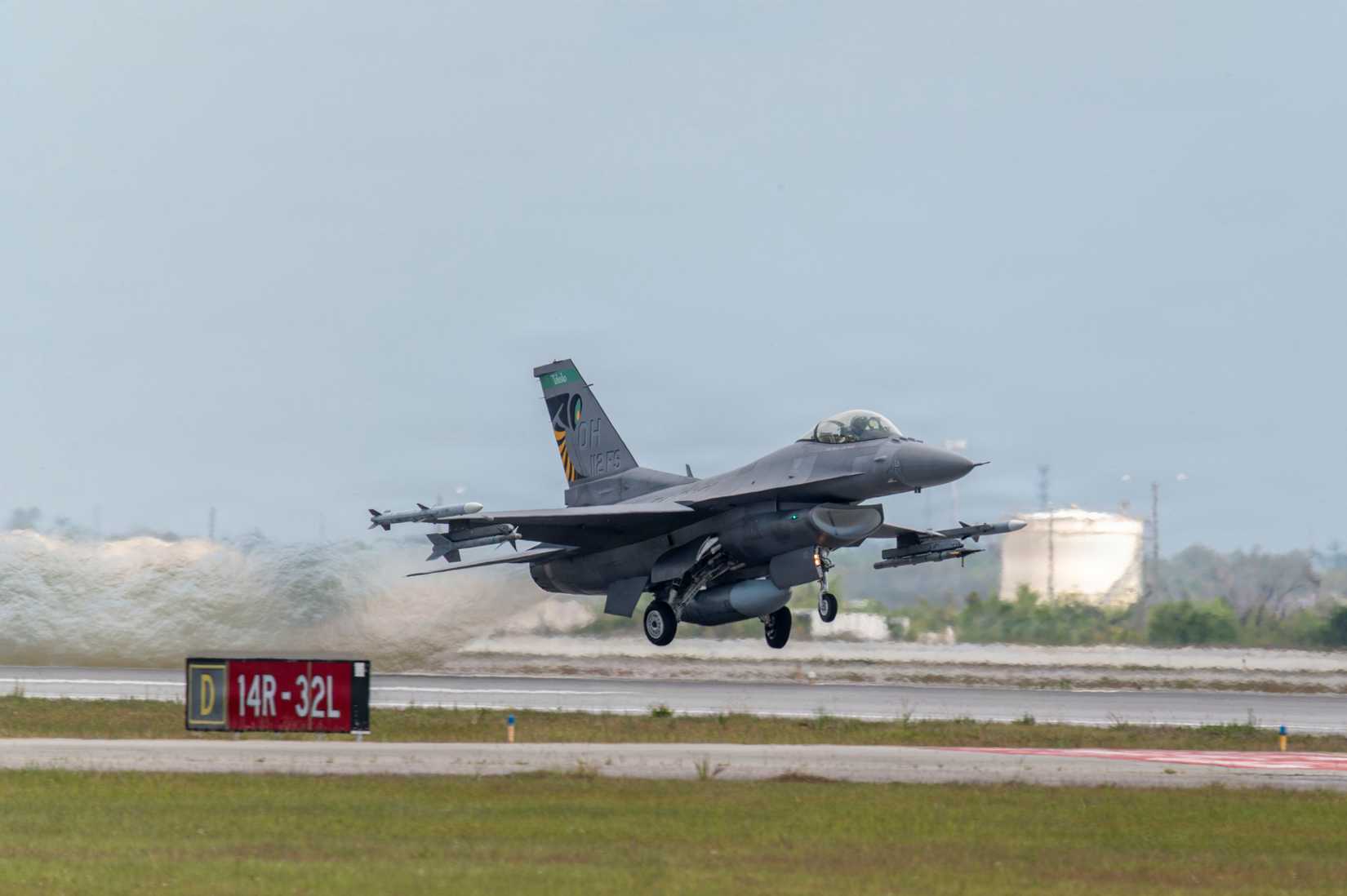 Air Force F-16 Fighting Falcon, assigned to the Ohio National Guard’s 180th Fighter Wing, takes off during Checkered Flag 26-2.