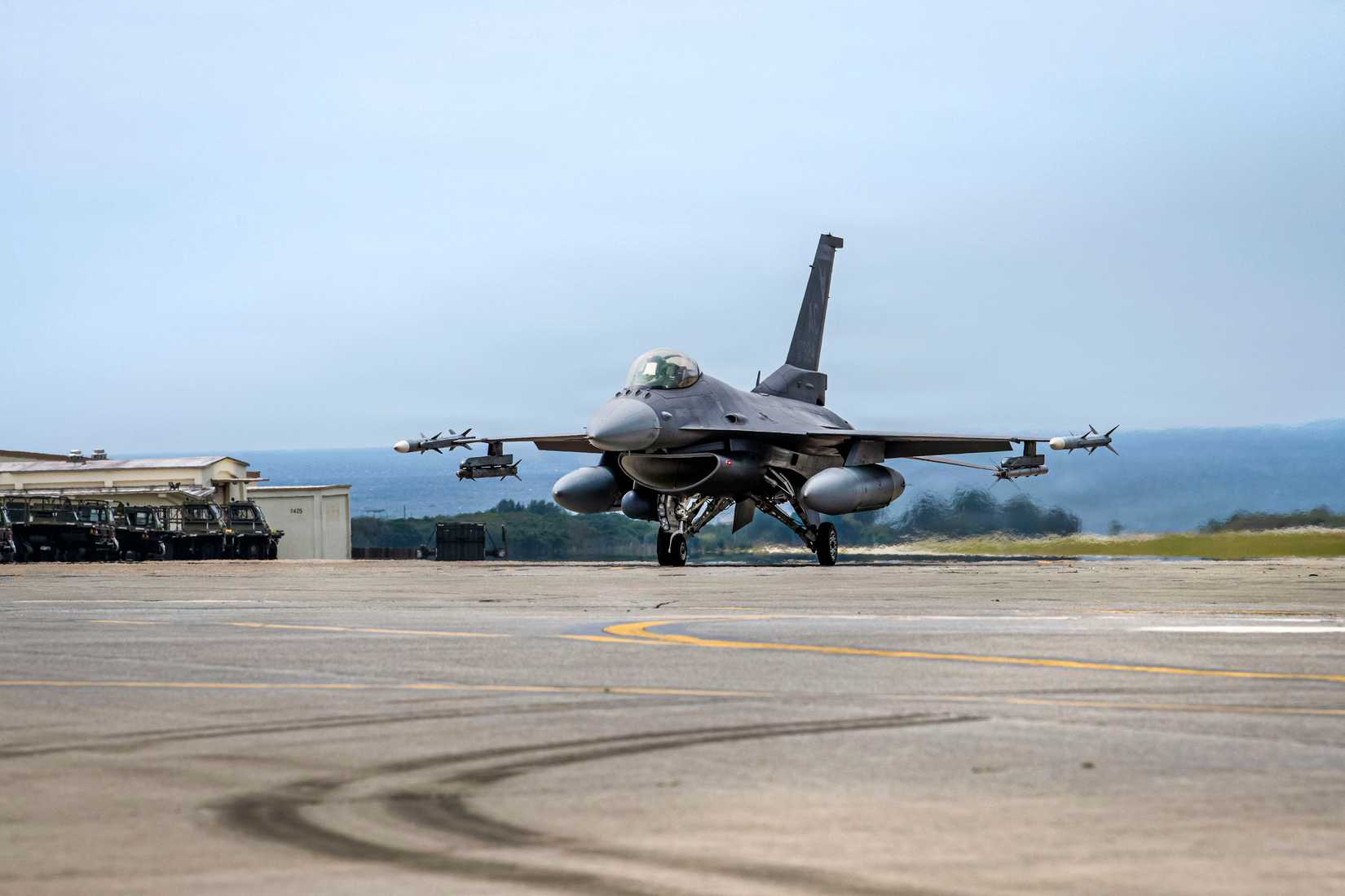 Air Force F-16C Fighting Falcon assigned to the 119th Expeditionary Fighter Squadron, deployed to Kadena Air Base, taxis on the flight line at Kadena Air Base, Japan, March 30, 2026.