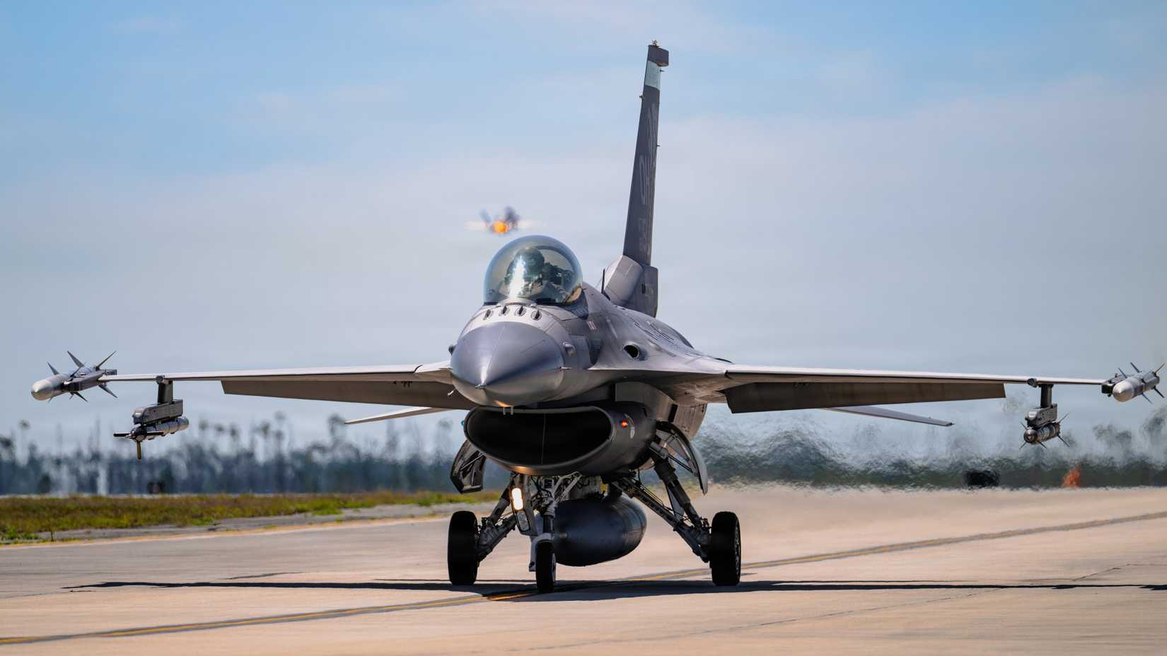 Air Force F-16C Fighting Falcon taxis at Tyndall Air Force Base, Florida, during Checkered Flag 26-2, May 4, 2026.
