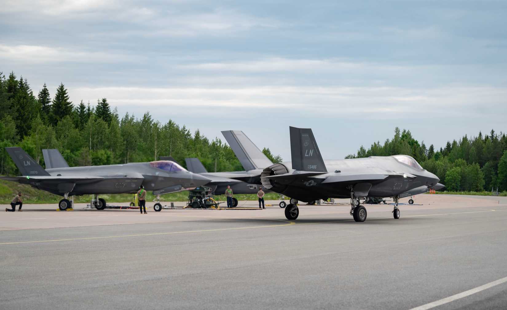 Air Force F-35A Lightning II aircraft, assigned to the 495th Fighter Squadron, taxi onto the apron during exercise Atlantic Trident 25 at Pirkkala Air Base, Finland, June 16, 2025.