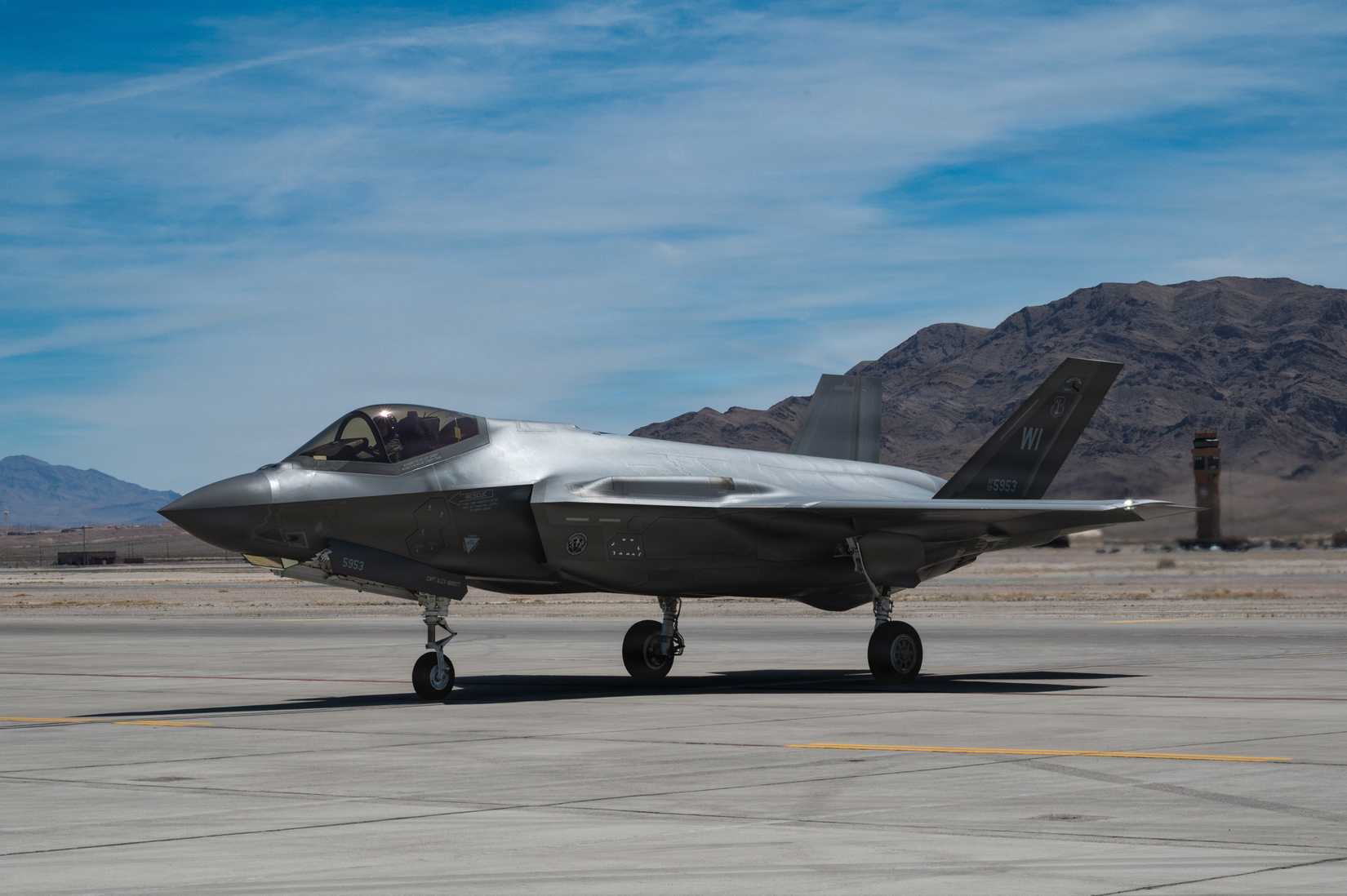 Air Force F-35A Lightning II aircraft assigned to the Wisconsin Air National Guard’s 115th Fighter Wing, lands at Nellis Air Force Base, Nevada, April 22, 2026.