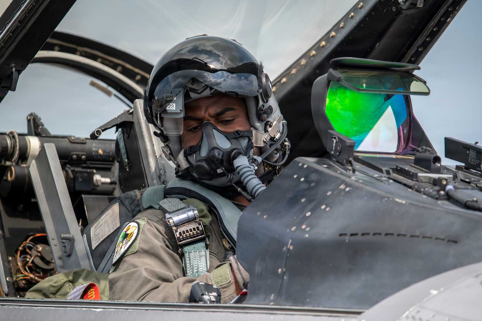 Air Force Maj. Alex Johnson, an F-16 Fighter Pilot assigned to the Ohio National Guard’s 180th Fighter Wing, begins F-16 start-up procedures.