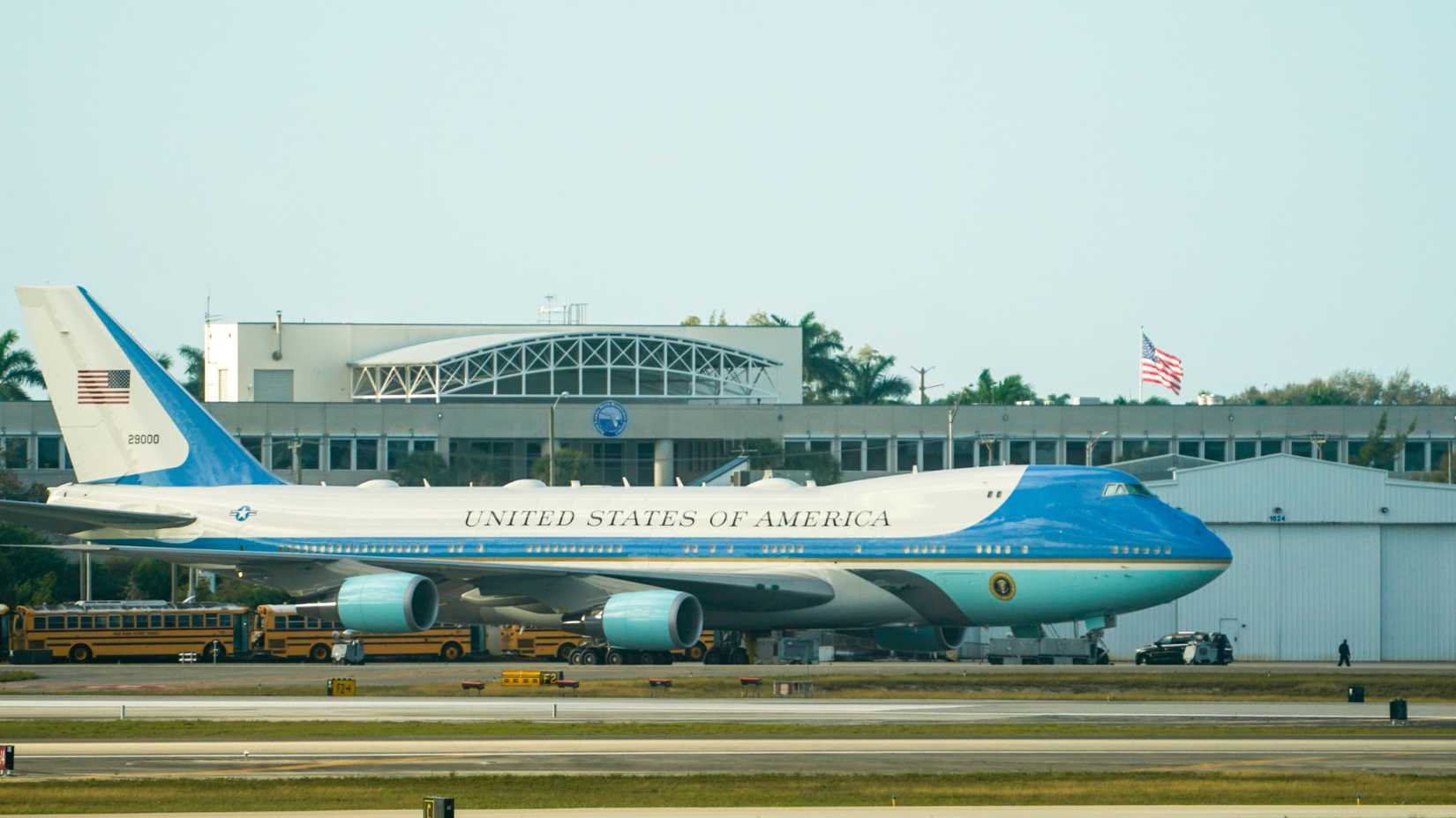 Air Force One on tarmac at Palm Beach International Airport in Florida.