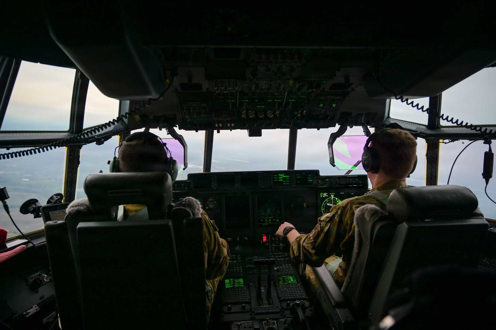 Air Force pilots assigned to the 158th Airlift Squadron, 165th Airlift Wing, Georgia Air National Guard, fly a C-130J Super Hercules.