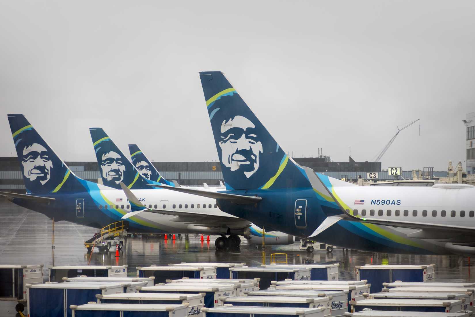 Multiple Alaska Airlines aircraft at Anchorage airport