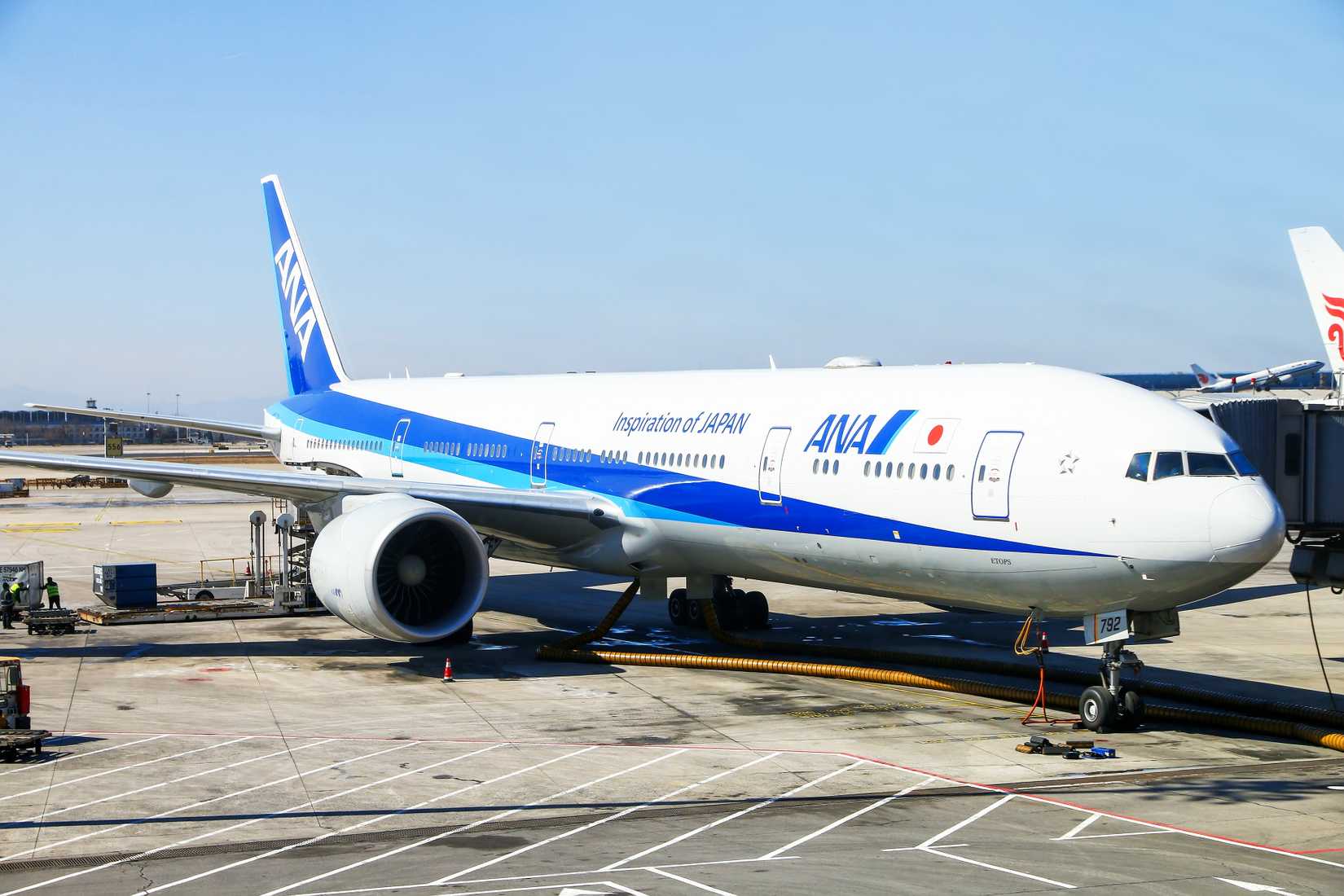 All Nippon Airways Boeing 777-381ER in the Beijing Capital International Airport.