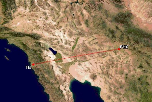 American Airlines route between Phoenix and Tijuana