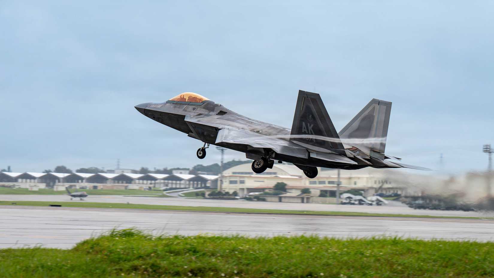 An F-22 Raptor takes off at Kadena Air Base, Japan, May 5, 2026.