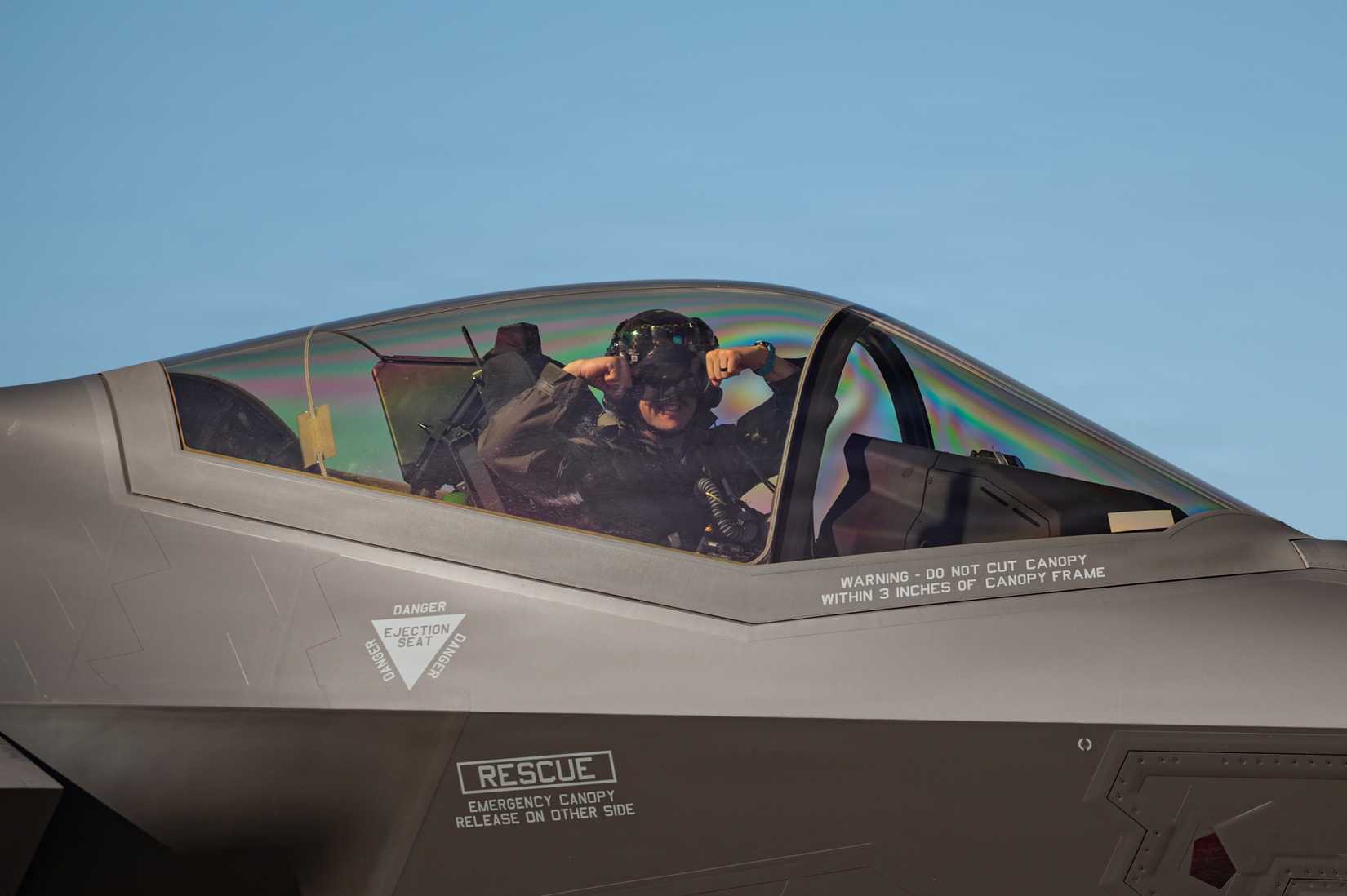 An F-35A Lightning II aircraft pilot, assigned to the 159th Fighter Squadron, Jacksonville Air National Guard Base, Florida, taxis before a mission at Nellis Air Force Base, Nevada, May 1, 2026.