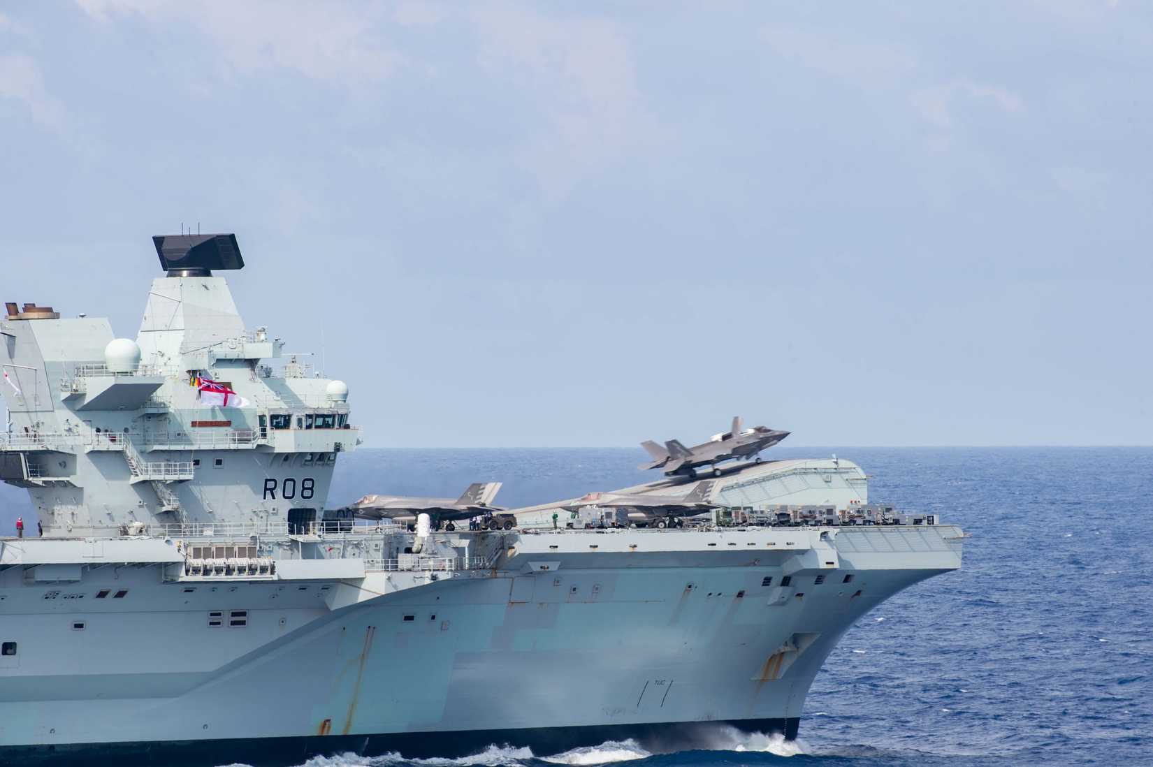 An F-35B launches off the flight deck of British Royal Navy aircraft carrier HMS Queen Elizabeth (R08), Oct. 3, 2021.