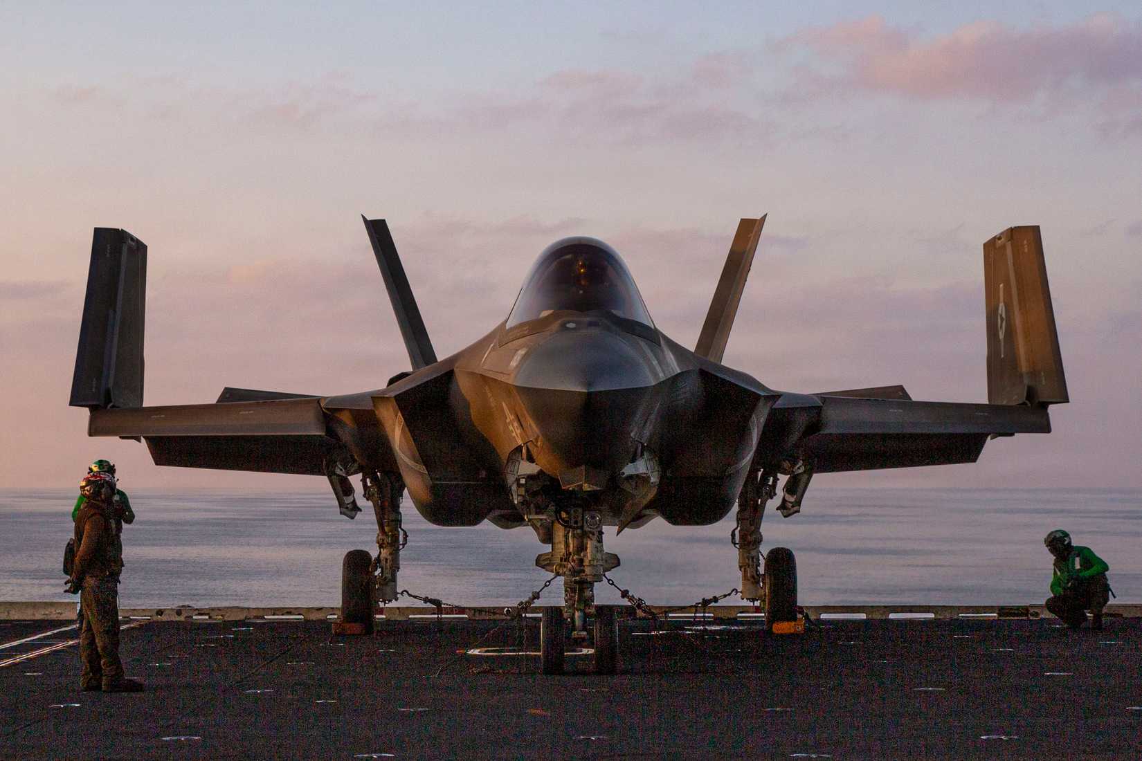 An F-35C Lightning II, attached to Marine Fighter Attack Squadron (VMFA) 314, is chained down on the flight deck of Nimitz-class aircraft carrier USS Abraham Lincoln (CVN 72).