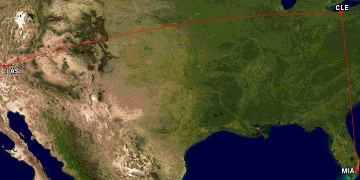 Cleveland to Miami and Las Vegas flight map