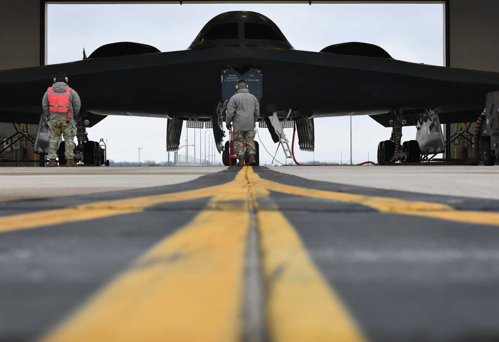 Crew chiefs assigned to the 131st Bomb Wing and 509th Bomb Wing prepare the B-2 Spirit stealth bomber for take off at Whiteman Air Force Base, Missouri, November 15, 2022.