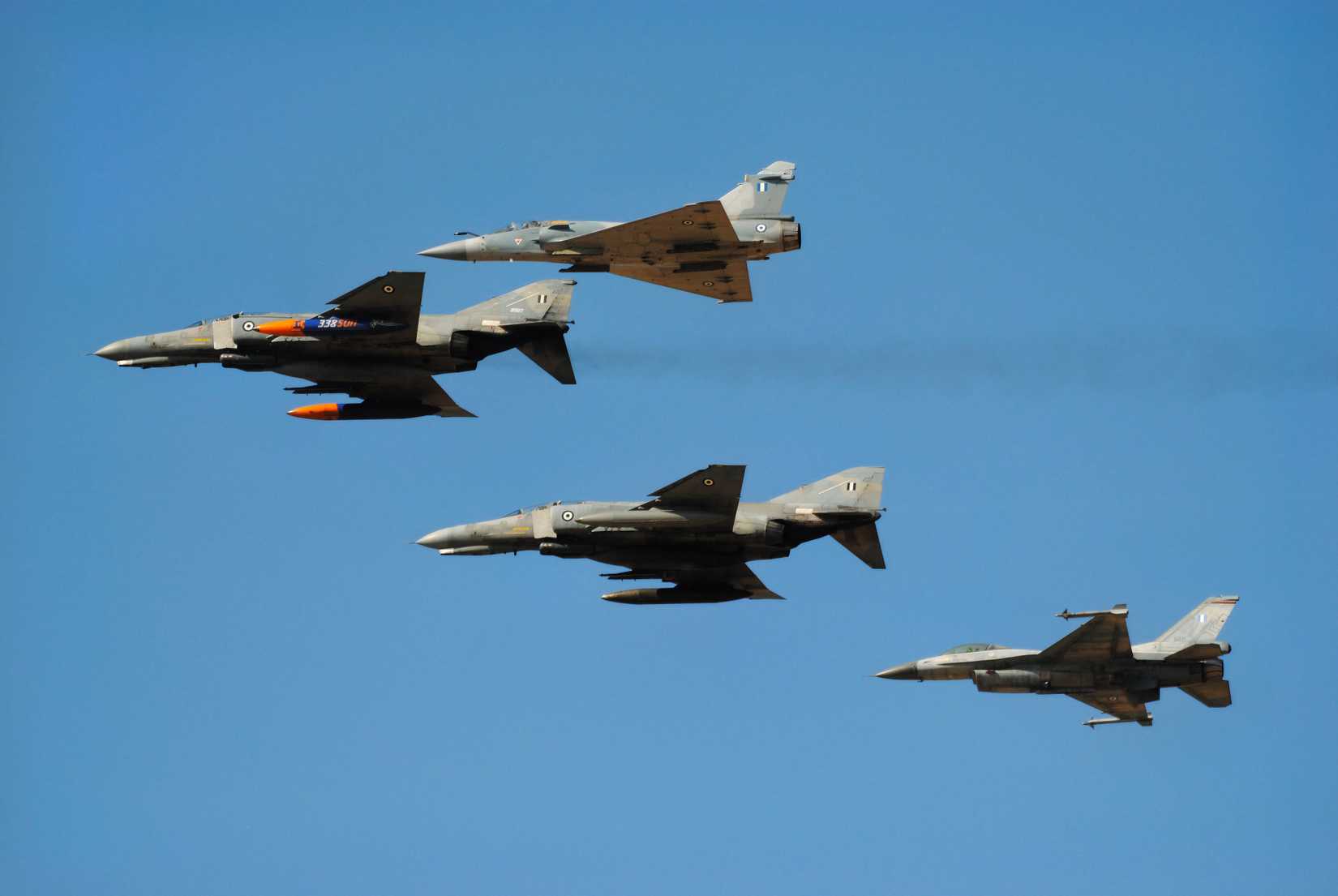 Greek Air Force Parade with two F-4 Phantom, one F-16 and one Mirage 2000. 