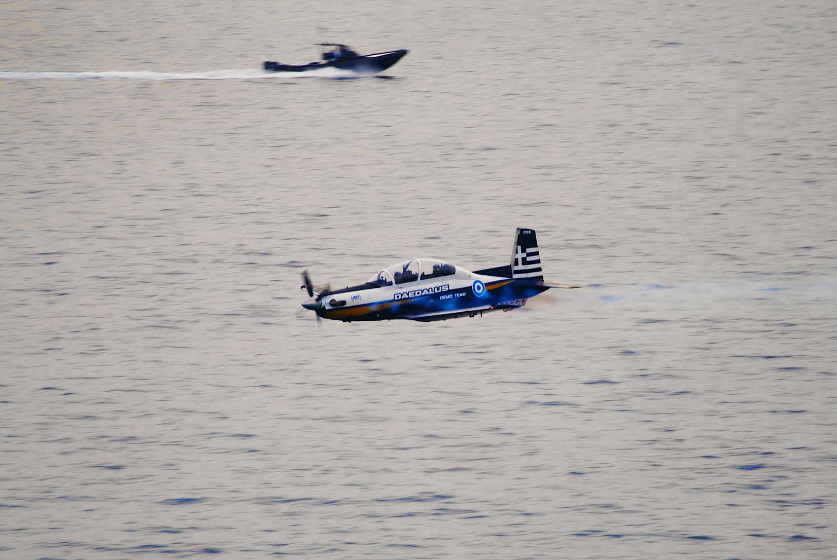 Daedalus demo team low flying over the sea