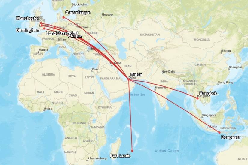 Map of Emirates 569-seat A380 routes departing from Dubai International Airport