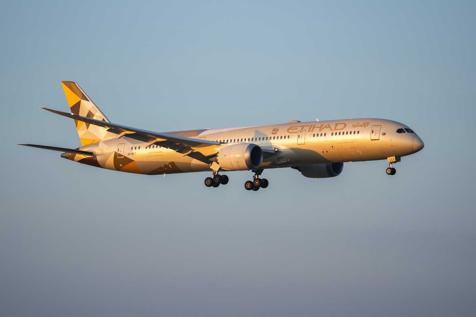 Etihad Boeing 787-9 flying across clear skies