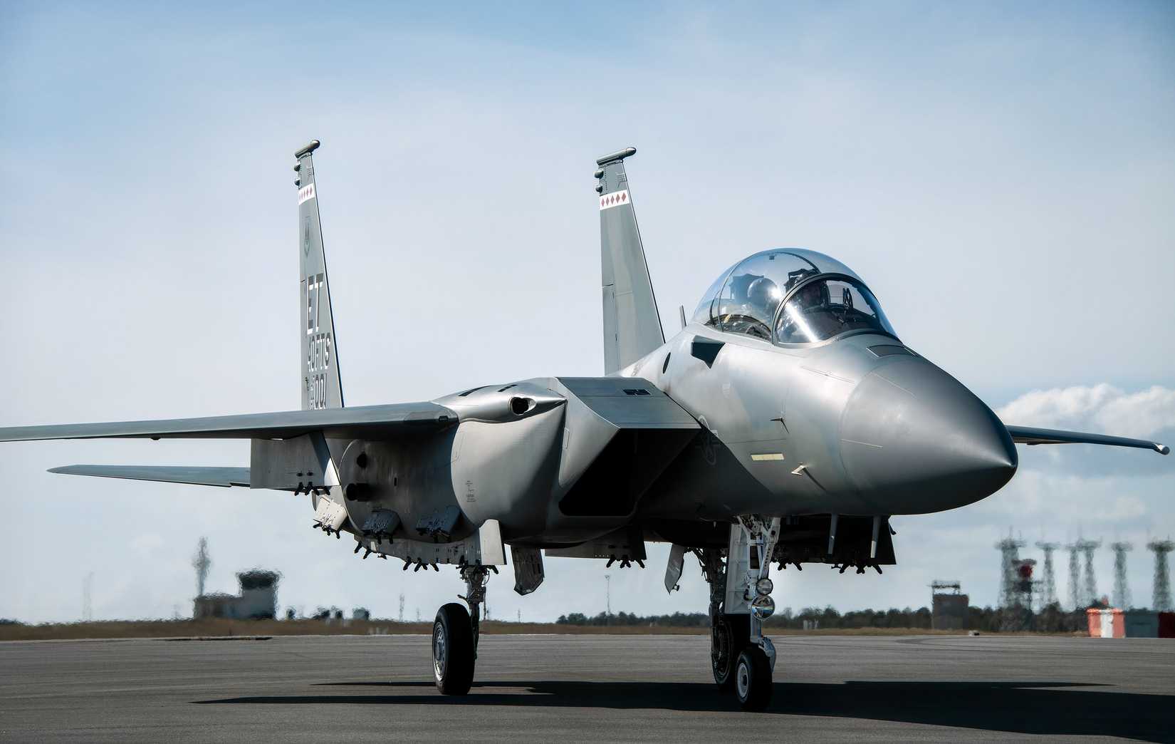 F-15EX parked on an apron.