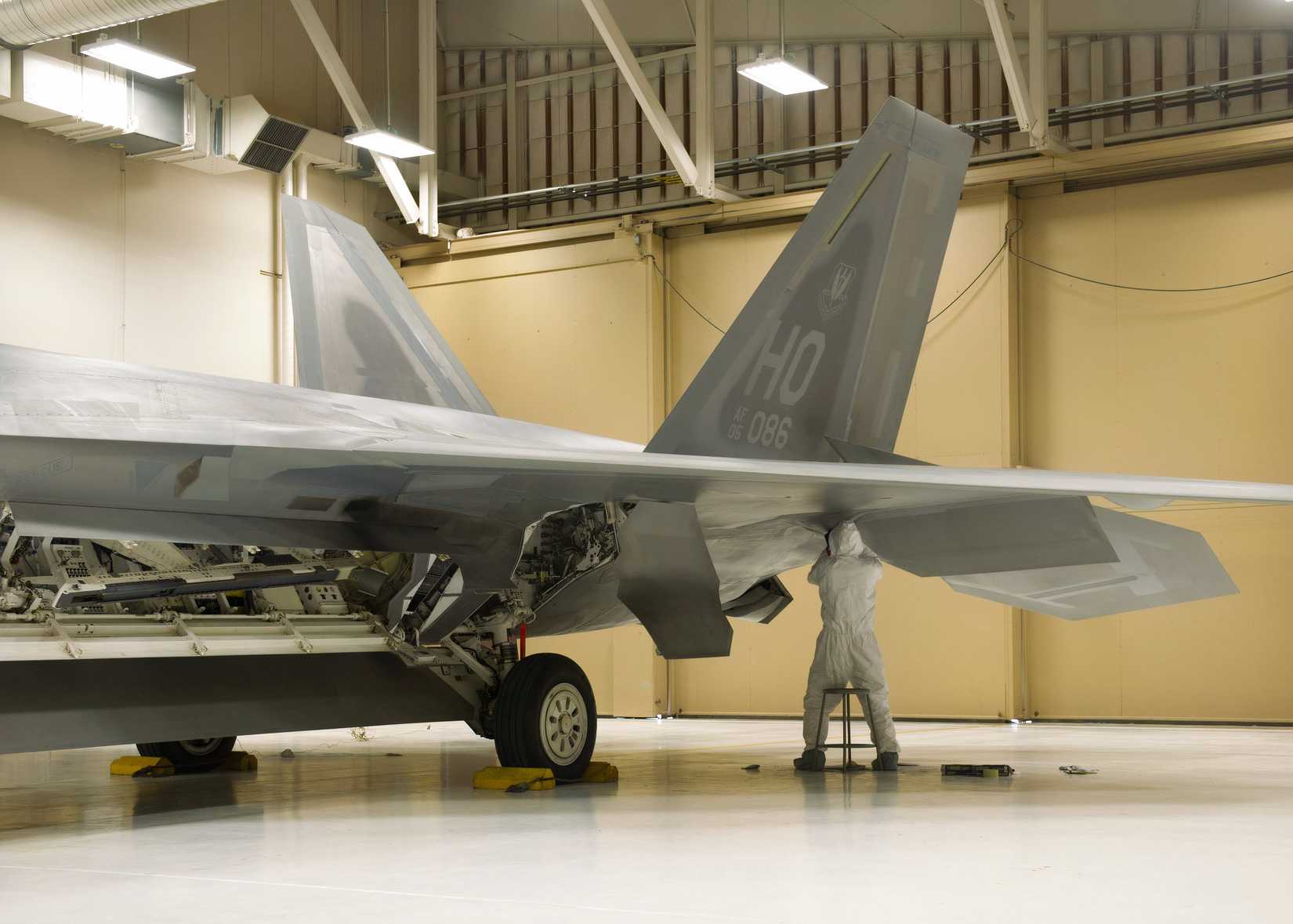 F-22 receiving structural repair or paint replacement