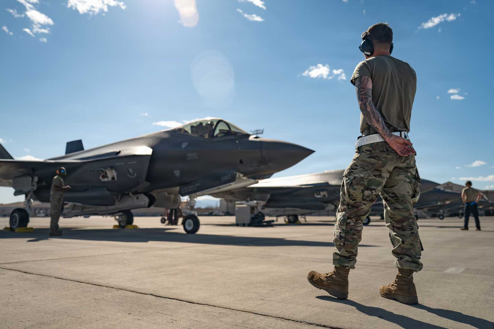 F-35A Lightning II aircraft prepare for a mission at Nellis Air Force Base, Nevada, May 1, 2026.-1