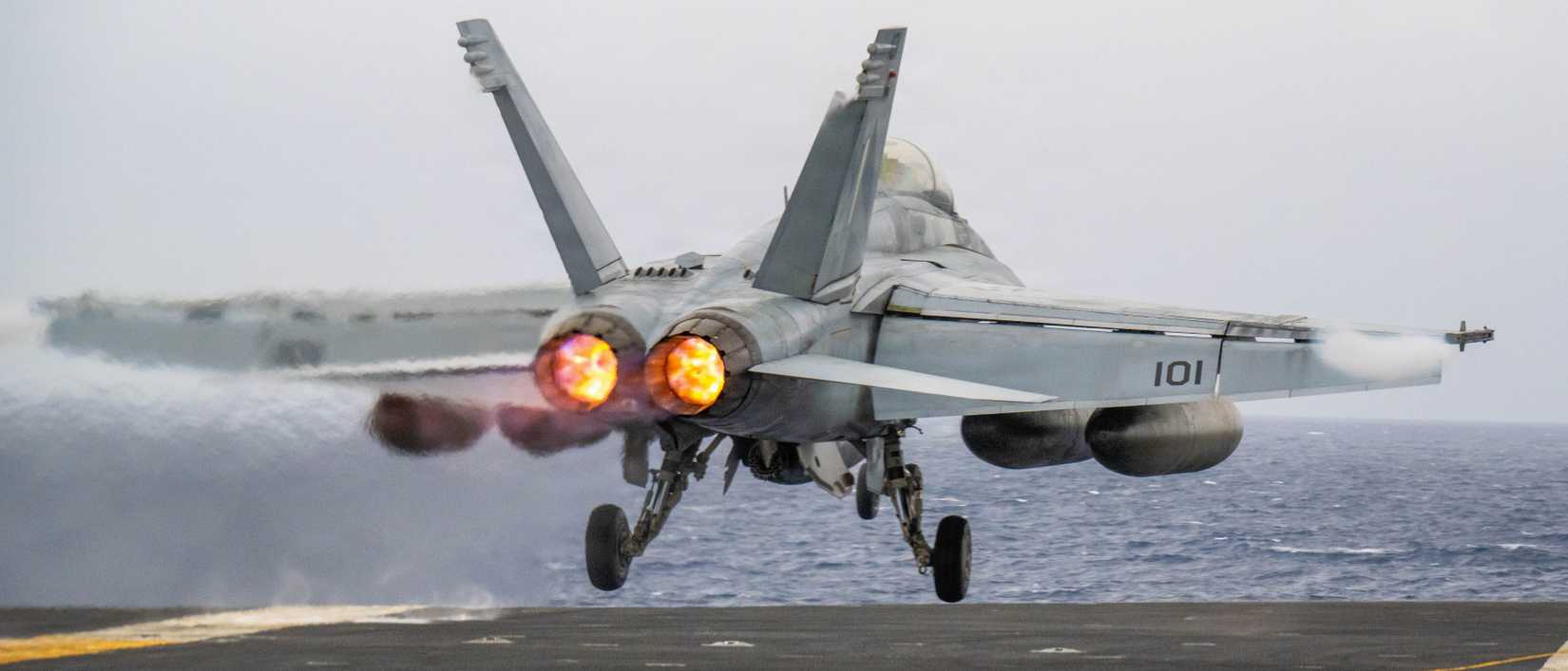 FA-18F Super Hornet, assigned to Strike Fighter Squadron (VFA) 154, launches off the flight deck of the Nimitz-class aircraft carrier USS Theodore Roosevelt (CVN 71).