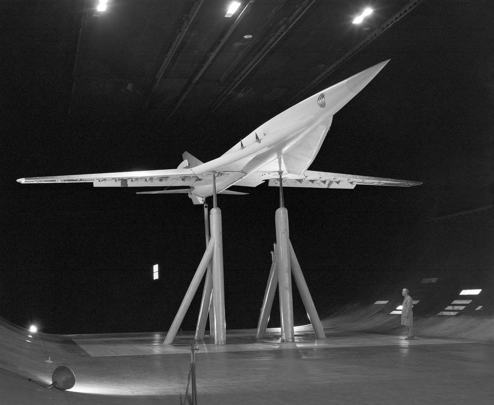 Front view with low sweep wing position of the Boeing 2707 mockup. Francis Mallerick shown in picture.